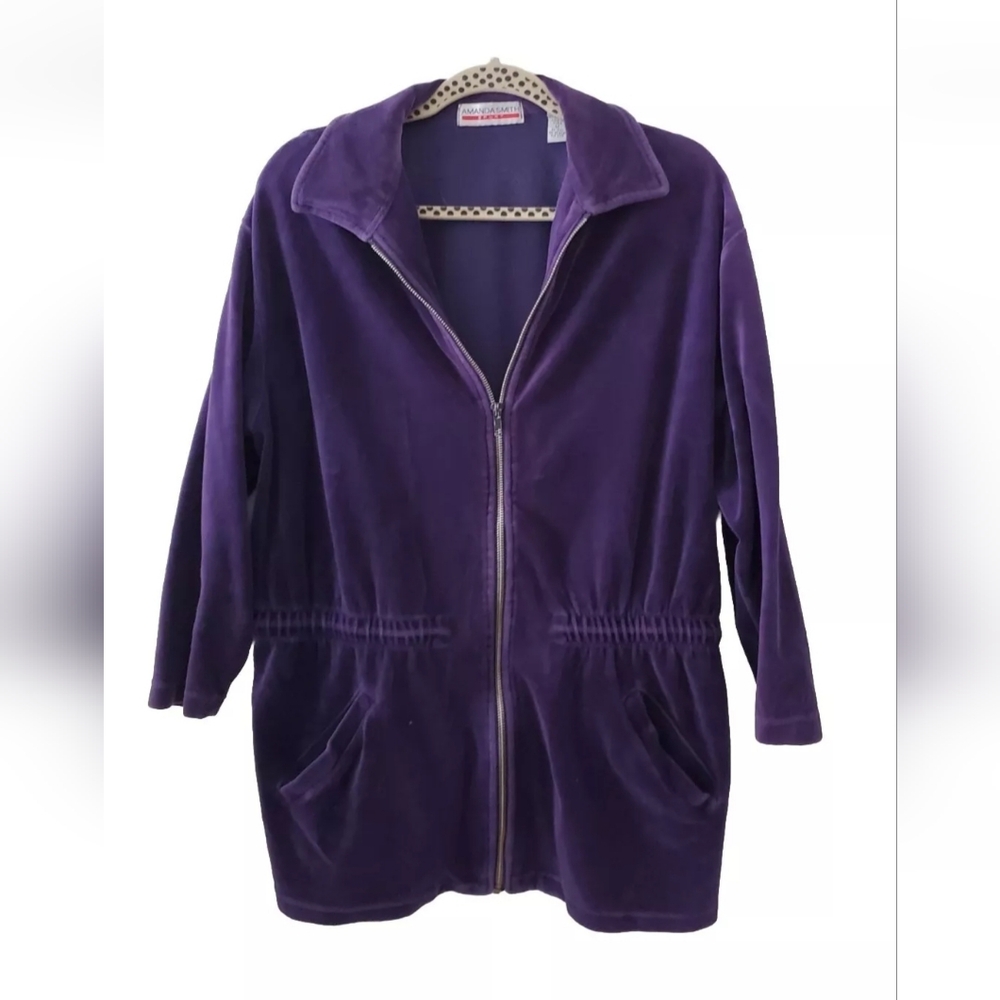 Amanda Smith Sport Jacket Size Medium Purple 3/4 Sleeve Velour/ Velvet Zip Up